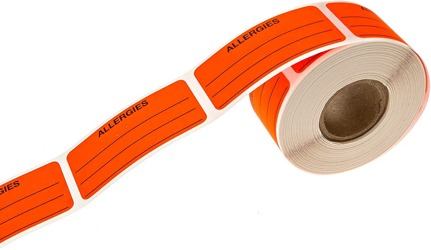 Allergies Sticker with Dispenser Box / 250 Allergy Stickers/Fluorescent Red Warning 1.125" x 2.25" Label