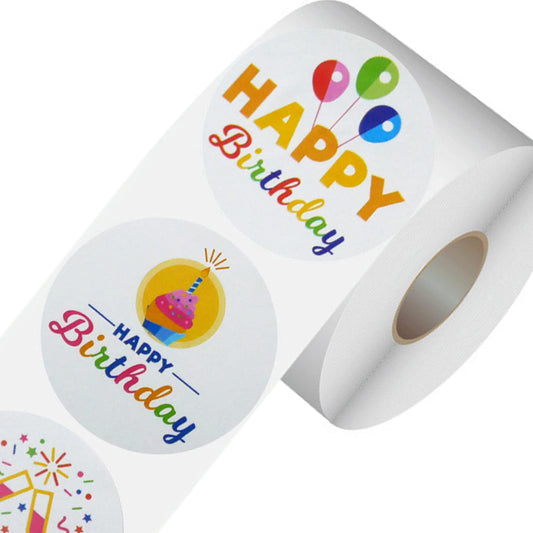 Happy Birthday Stickers Roll 1.5" Round 500pcs Self Adhesive Birthday Sticker for Kids Adults Envelope Seals Cards