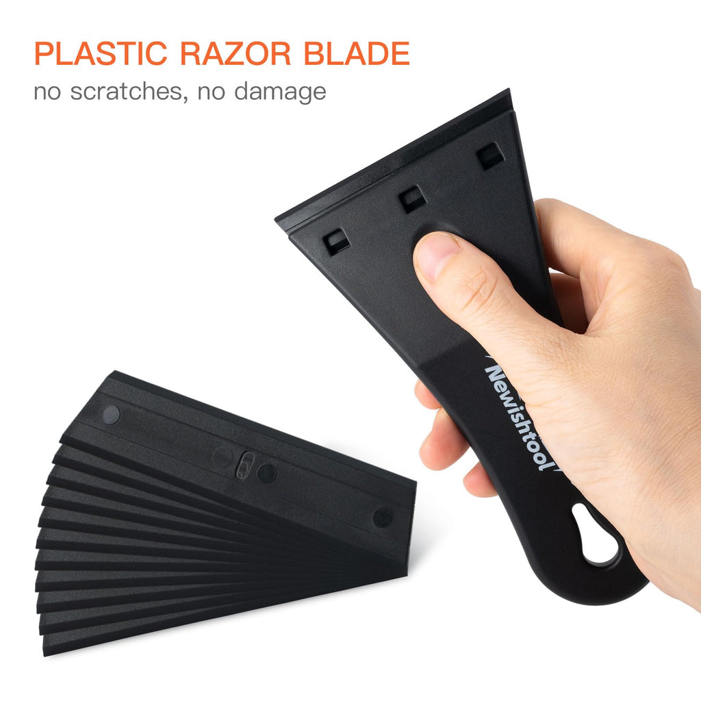 NEWISHTOOL plastic razor blade scraper with 3-inch blade, 2-pack and 20 extra blades for glass, window, and sticker removal.