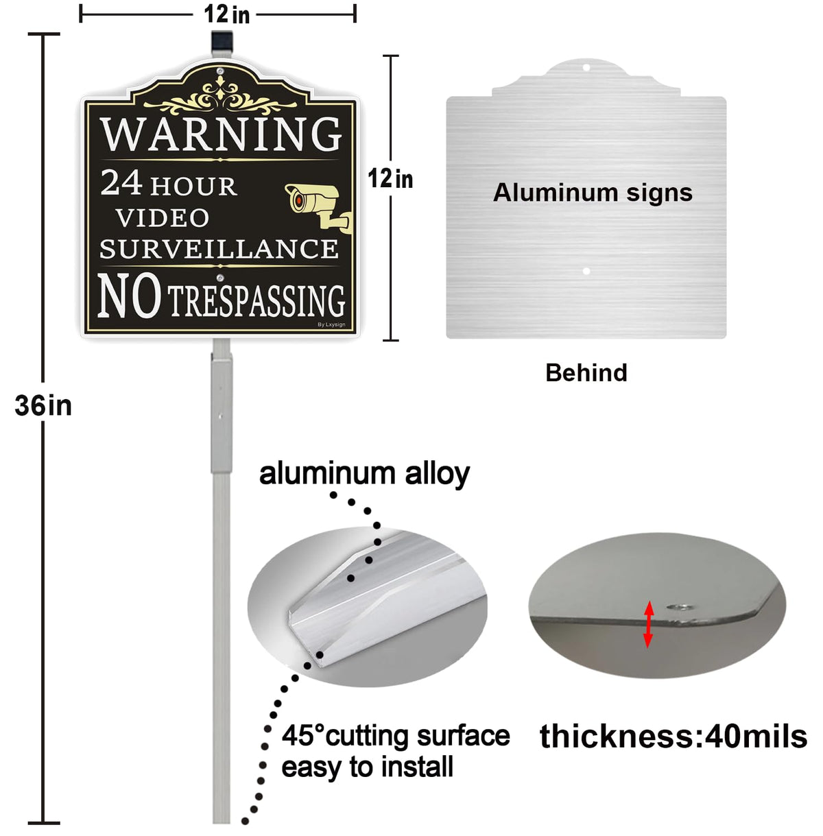(2Pack) Large Video Surveillance Sign with Stake, No Trespassing Sign, 2pack with stake