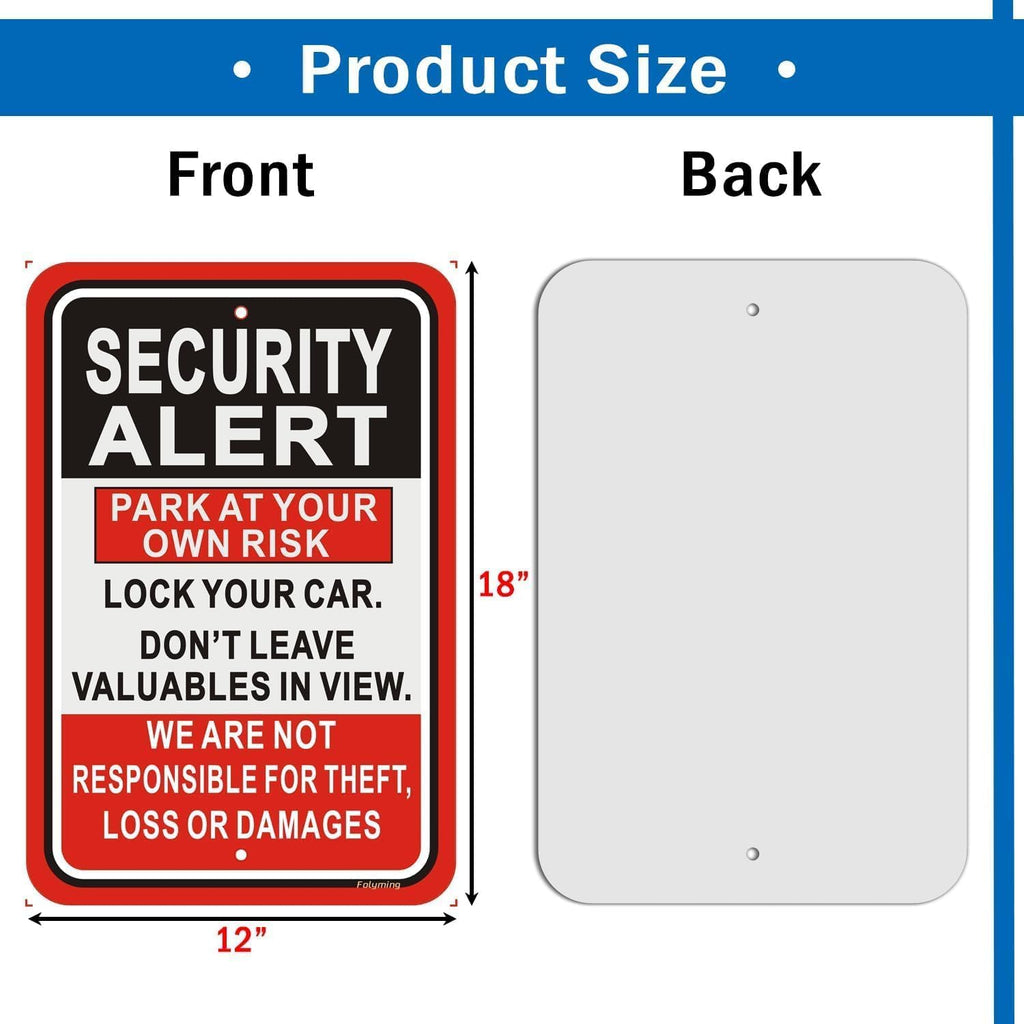 Security Alert Sign Park At Your Own Risk Lock Your Car & Don't Leave Valuables Not Responsible For Theft/Loss/Damages Signs 12x18" For Parking Lot, Business Red / Black / White Señal de Alerta de Seguridad 2 Pack