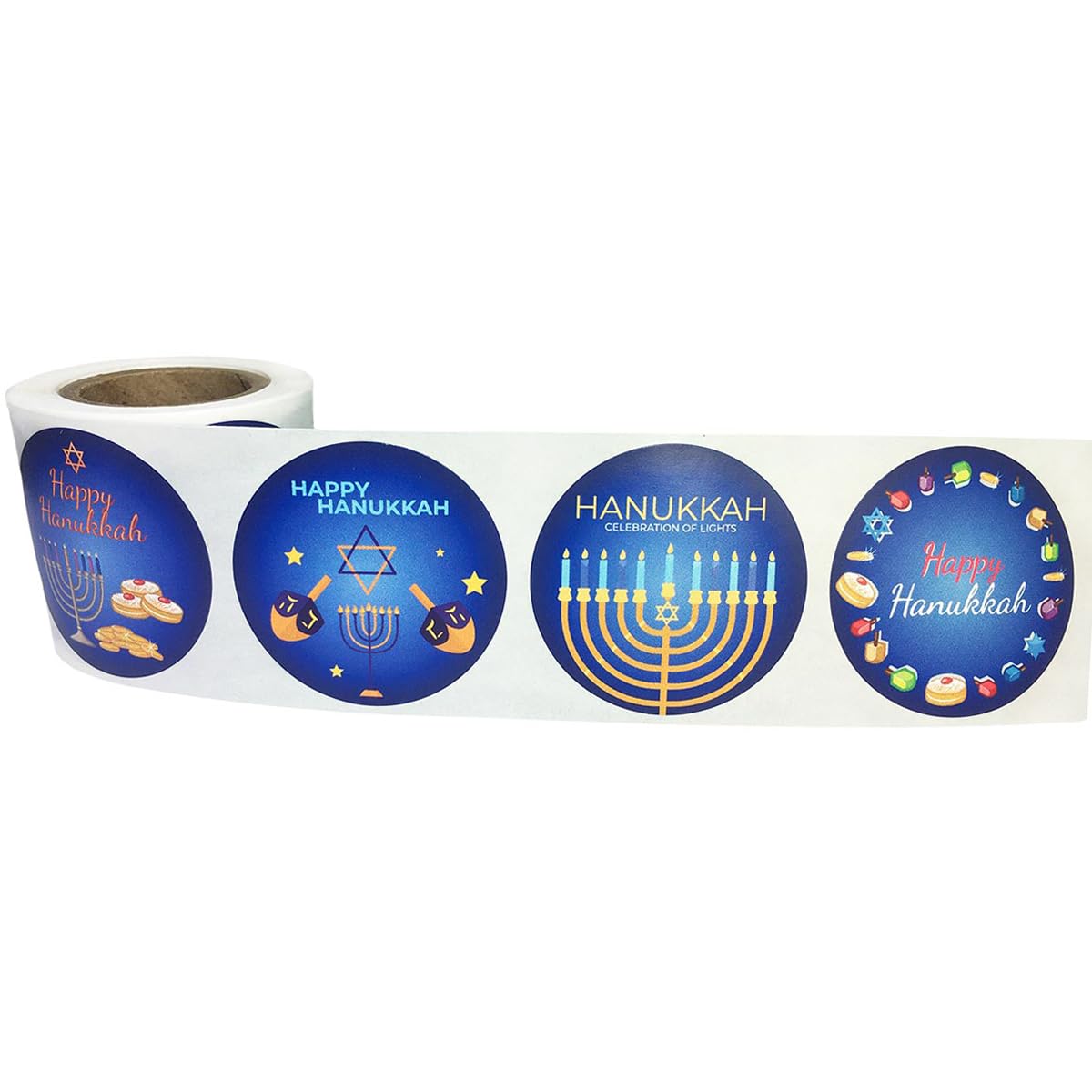 Happy Hanukkah Vibrant Blue and Gold Labels – Set of 100 Adhesive Holiday Stickers, 4 Unique Hanukkah Designs for Festive Gift Wrapping, Made in The USA