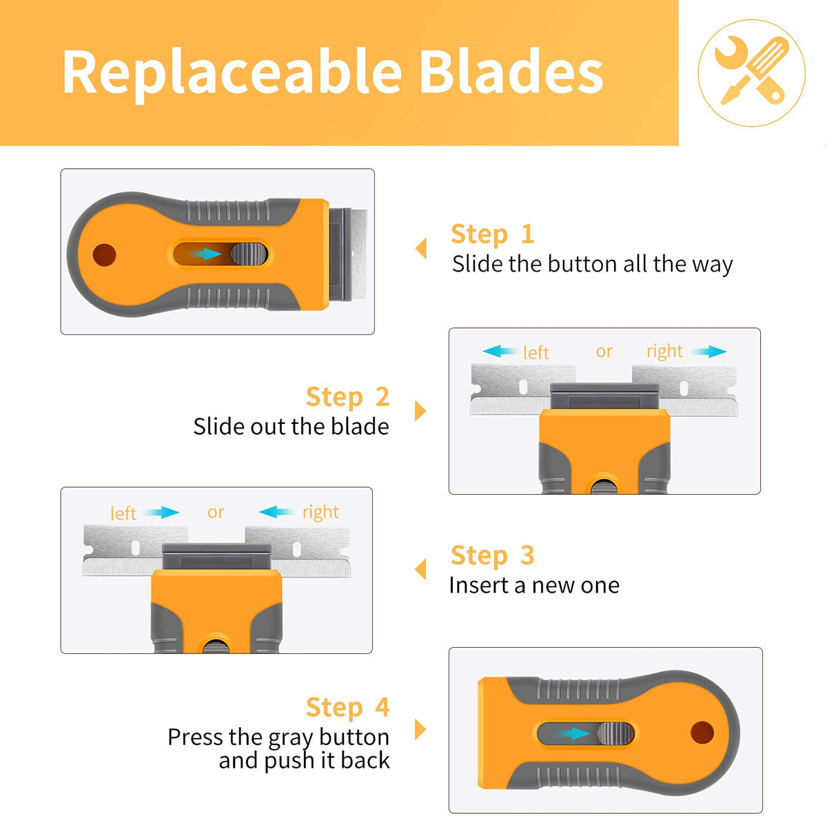 DEKEones razor blade scraper with retractable plastic handle and 20 extra blades, used for glass, windows, and vinyl surface cleaning.