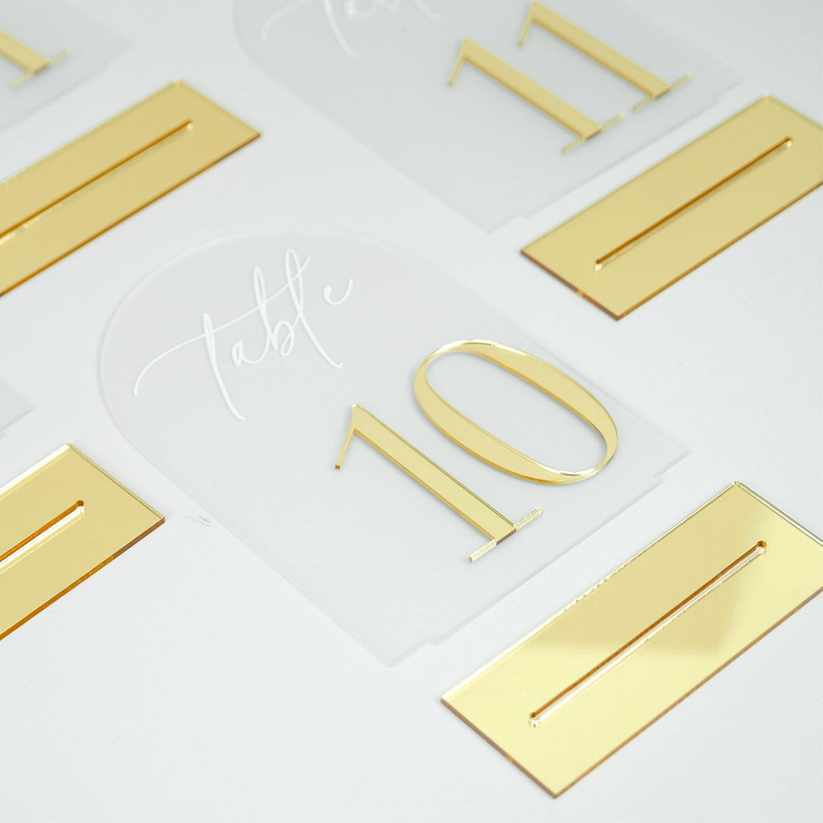 HOODO Frosted Arch Acrylic Wedding Table Numbers 1-10 with Stands, 5"x7" Arched Acrylic Signs with 3D Gold Numbers, Frosted 3D Table Numbers for Wedding Reception Frosted and Gold Font Number 1-10, 5"x7"