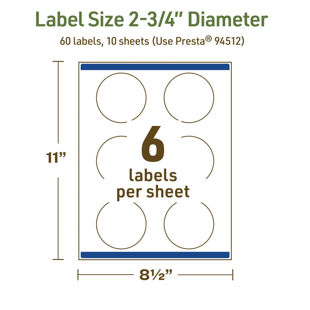 Avery Dissolvable Round Labels, Sure Feed Technology, 2.75" Diameter, Matte White, Print-to-The-Edge, Laser/Inkjet Printable, 60 Labels Total