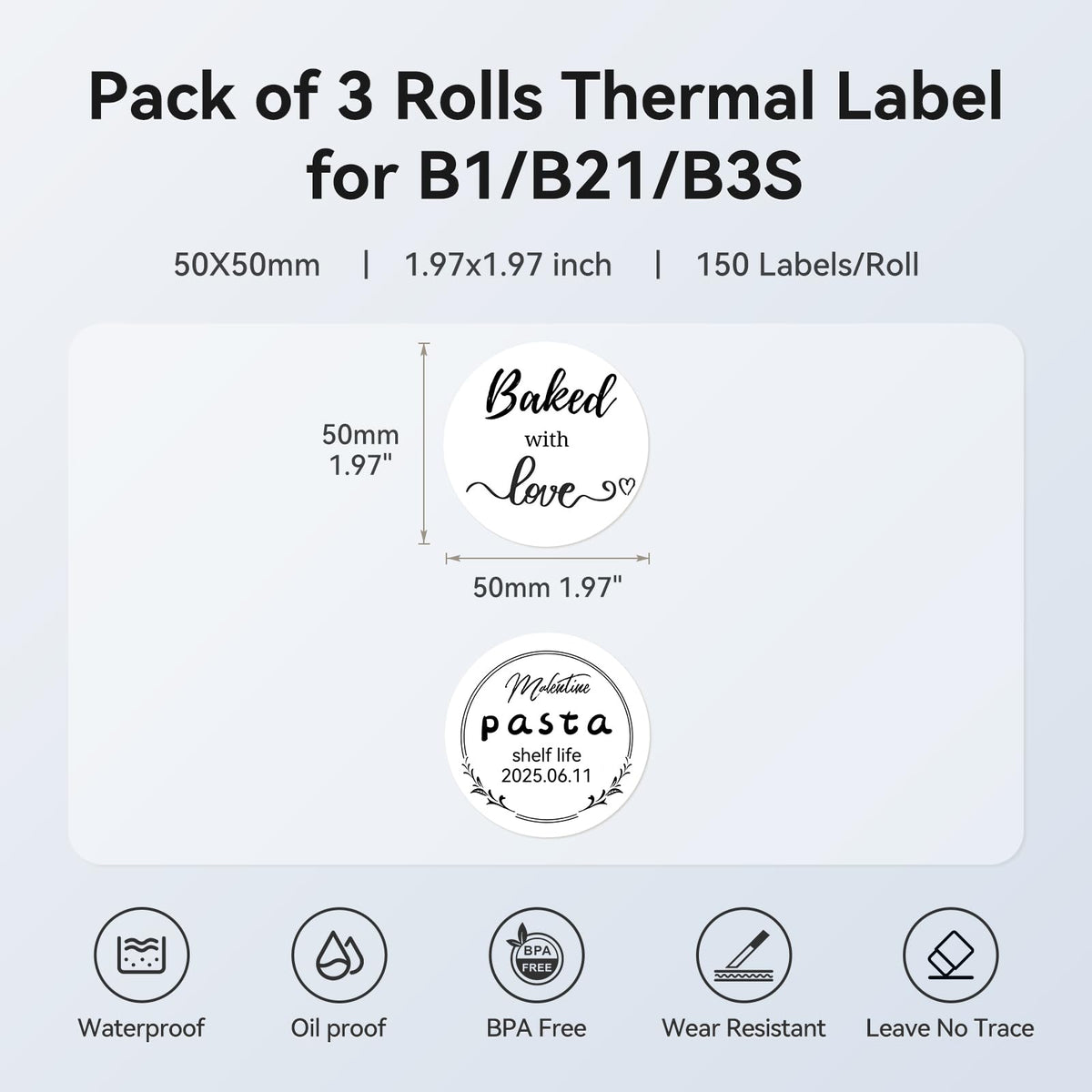NIIMBOT 3 Roll Set Labels, 2" X 2" (50x50mm) Round Waterproof Thermal Label 2" X 2"-Round-White