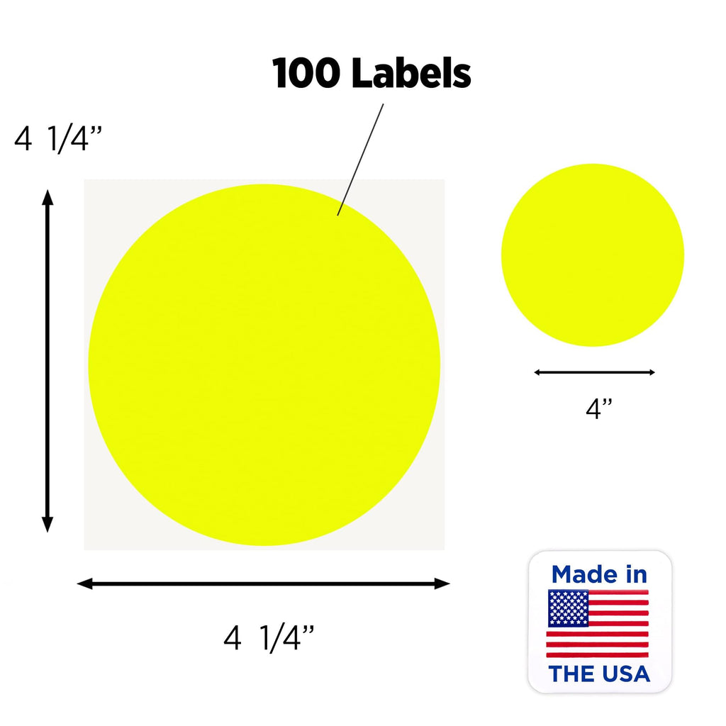 ChromaLabel 4-inch fluorescent yellow round color-coding label stickers for warehouse inventory, 100 removable dots in a pack.
