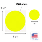 ChromaLabel 4-inch fluorescent yellow round color-coding label stickers for warehouse inventory, 100 removable dots in a pack.