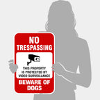 Beware of Dog Sign, No Trespassing Sign, Video Surveillance Sign, Aluminum 12x18
