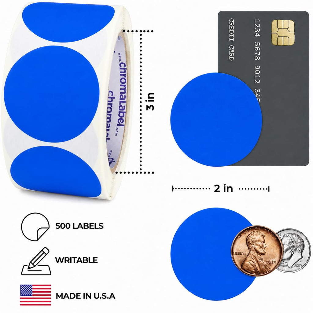 ChromaLabel 2 Inch Round Dark Blue Dot Stickers, 500/Roll 2"