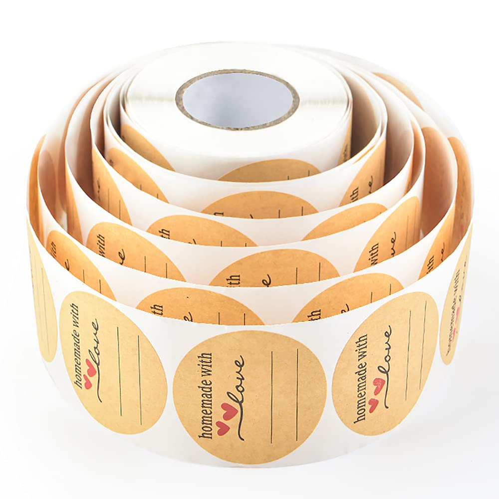 2 Inch Natural Brown Kraft Stickers (500 Per Roll), Homemade with Love Sticker with Lines for Writing (Permanent Adhesive) for Store Owners, Crafts, Organizing, Jar and Canning Labels