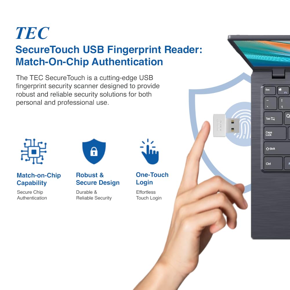 TEC SecureTouch TE-FPA4-MC USB Fingerprint Reader with ESS Enhanced Sign-in Security – Match-On-Chip Encryption, 360° Biometric Sensor, 0.23s Fast Login, Password-Free Windows Hello PC Sign-in