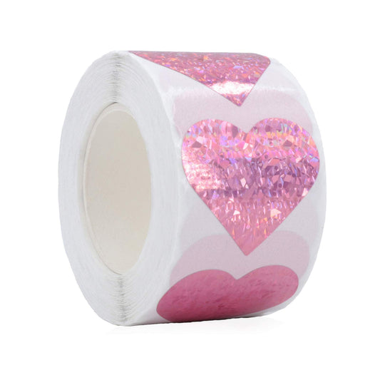 1.5" Pink Heart Stickers with Glitter Holographic Gravel Pattern, 500 pcs Sparkling Adhesive Heart Sticker Labels per Roll, Love Stickers for Personal and Business Use 1.5 inch