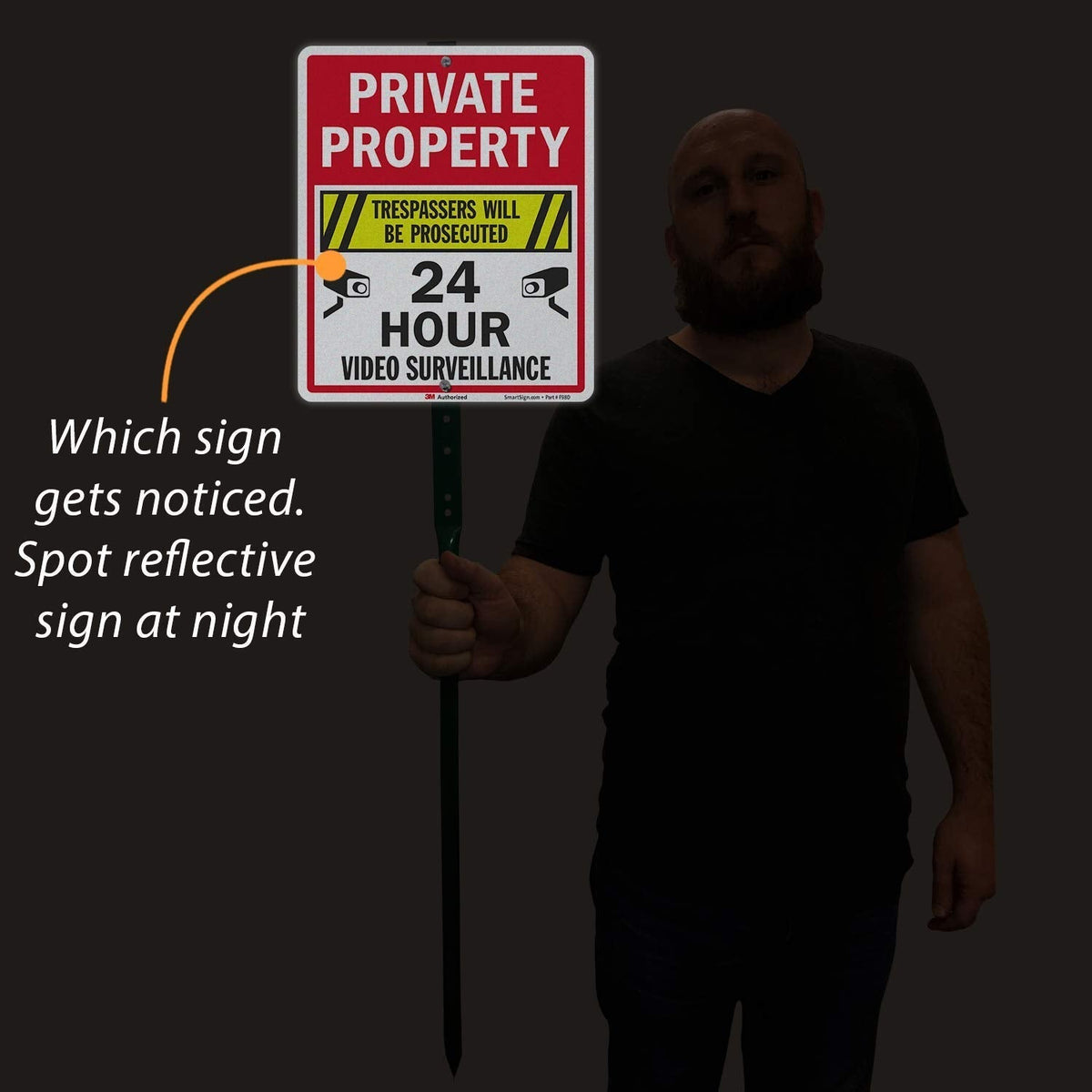 SmartSign 12" x 10" 'Private Property Trespassers Prosecuted, 24 Hour Video Surveillance' Yard Sign with 3 ft Stake, 40 mil Aluminum 3M Laminated Engineer Grade Reflective Material Reflective Aluminum Sign with 3' Stake