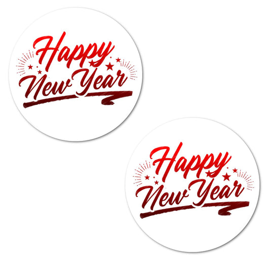 40 Happy New Year Stickers, 2 Inch Big Round Glossy Labels, Great for Holiday Season Gifts, Gift Bag, Cards, Envelopes, Boxes, Tags, and Supplies. Made in USA
