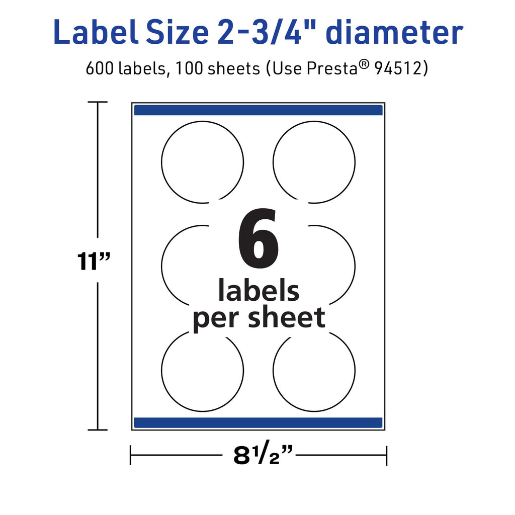 Avery TrueBlock Matte White Round Labels, Sure Feed Technology, 2.75" Diameter, 600 Matte White Labels, Print-to-The-Edge, Laser/Inkjet Printable, Great for Packaging and Product Merchandising 600 labels