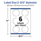Avery TrueBlock Matte White Round Labels, Sure Feed Technology, 2.75" Diameter, 600 Matte White Labels, Print-to-The-Edge, Laser/Inkjet Printable, Great for Packaging and Product Merchandising 600 labels