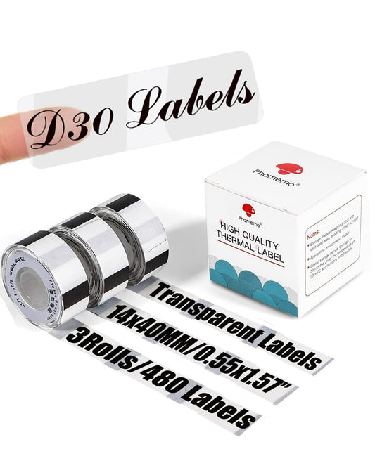 D30 Transparent Thermal Label Tape 14mm x 40mm (0.55" x 1.57") - Compatible with Phomemo/Memoking D30 Printer - Adhesive Clear Label Paper for Cosmetics, Storage, Stationery