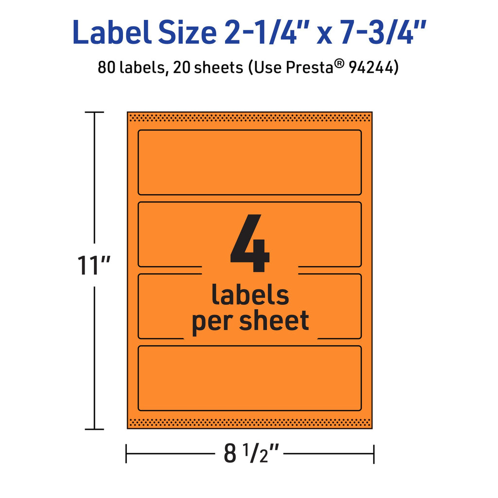 Avery® Printable Rectangle Labels, Sure Feed® Technology, 2-1/4" x 7-3/4", Bright Orange Labels, Print-to-The-Edge, Laser/Inkjet Printable, 80 Total, Great for Candles and Jars 80 labels