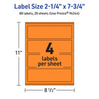 Avery® Printable Rectangle Labels, Sure Feed® Technology, 2-1/4" x 7-3/4", Bright Orange Labels, Print-to-The-Edge, Laser/Inkjet Printable, 80 Total, Great for Candles and Jars 80 labels
