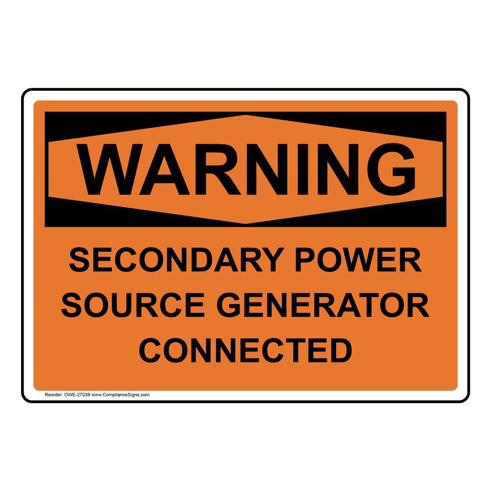 ComplianceSigns.com WARNING Secondary Power Source Generator Connected OSHA Safety Label Decal, 5x3.5 in. Vinyl 4-Pack 5" x 3.5" - 4 Pack Adhesive Vinyl