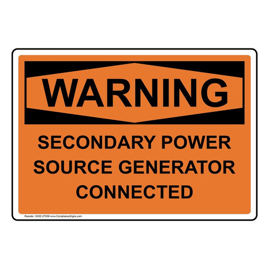 ComplianceSigns.com WARNING Secondary Power Source Generator Connected OSHA Safety Label Decal, 5x3.5 in. Vinyl 4-Pack 5" x 3.5" - 4 Pack Adhesive Vinyl