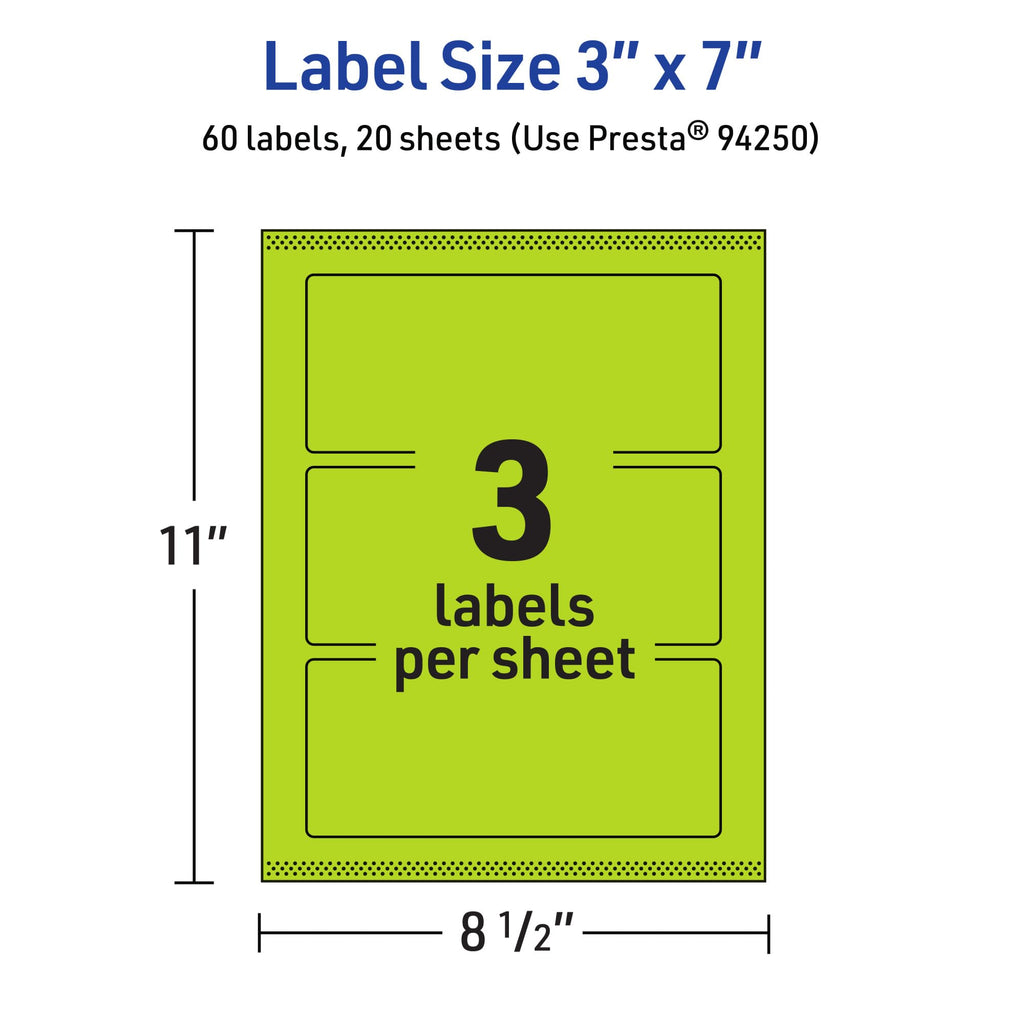 Avery Printable Rectangle Labels, Sure Feed Technology, 3" x 7", Bright Green Labels, Print-to-The-Edge, Laser/Inkjet Printable, 60 Total, Great for Candles and Jars 60 labels