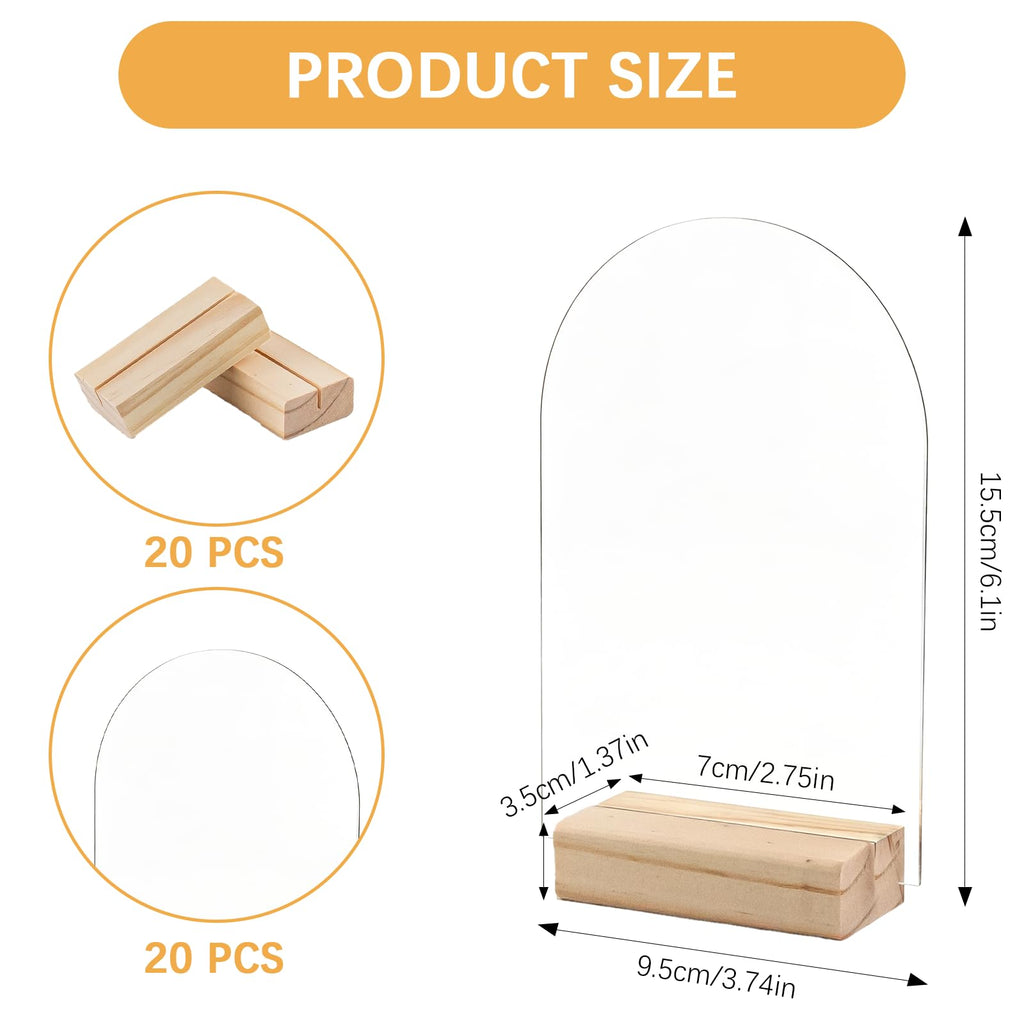 20 Pack Blank Clear Arch Acrylic Sign with Wooden Stands, Arched Round Top Acrylic Sheet, DIY Clear Arch Table Numbers for DIY Name Card Gifts Event Party Sign Decoration