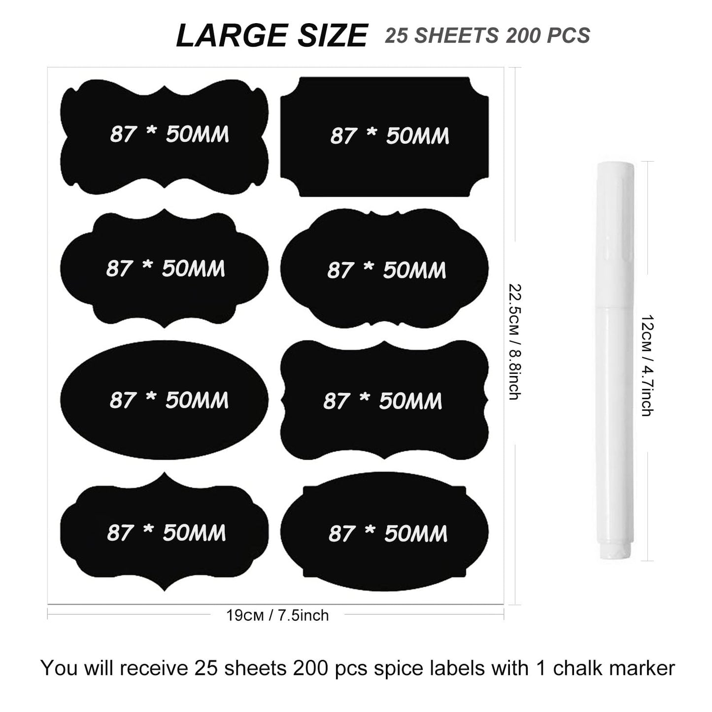 Spice Labels Stickers, 200 pcs Large Size Waterproof Chalkboard Labels Blackboard Stickers for Jars Price Kitchen Pantry, 8.9 x 5.5cm