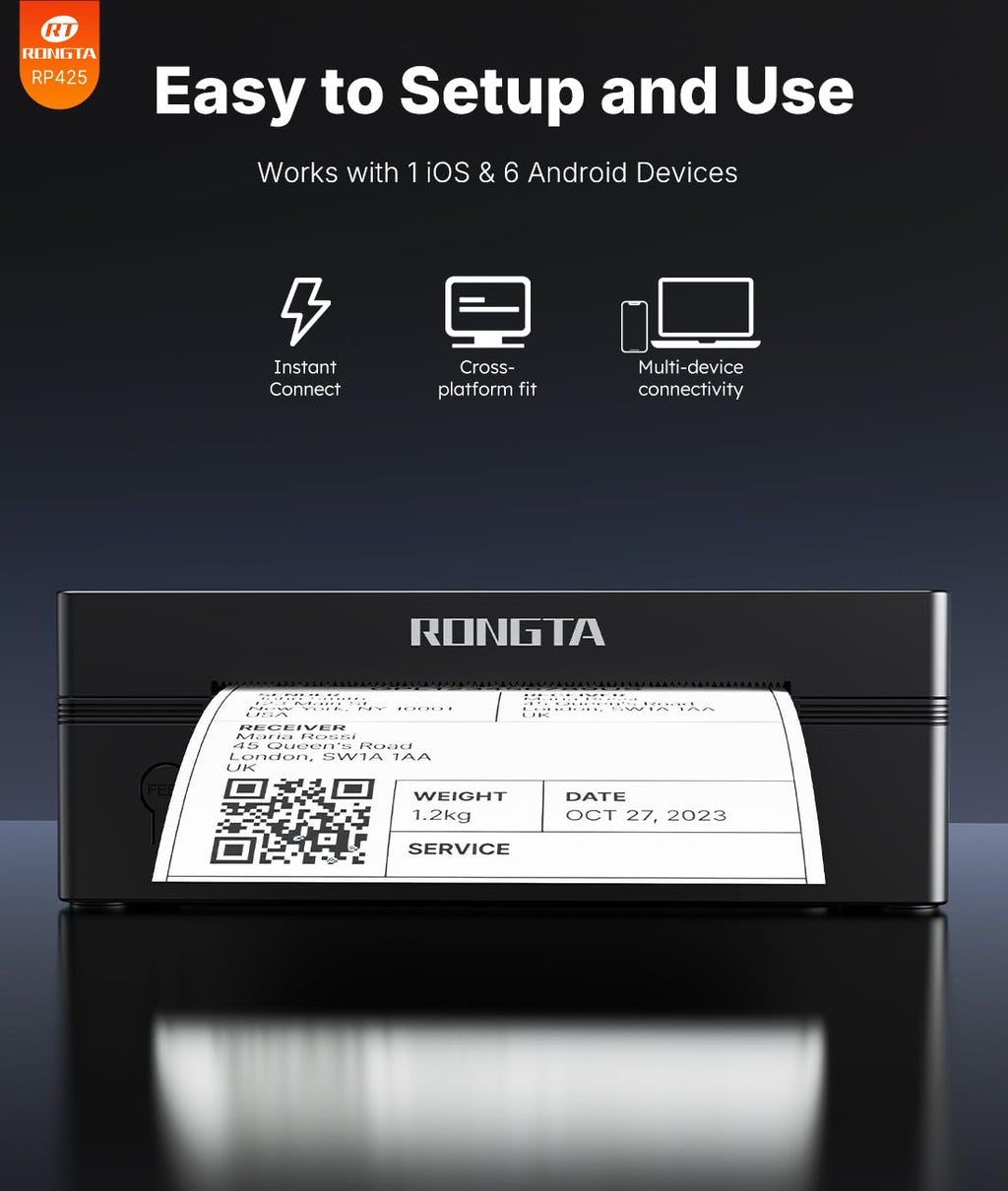 Rongta Bluetooth Shipping Label Printer, Wireless 4x6 Thermal Label Printer for Shipping Packages, Support Phones, Compatible with Windows macOS Android iOS for Small Business Black