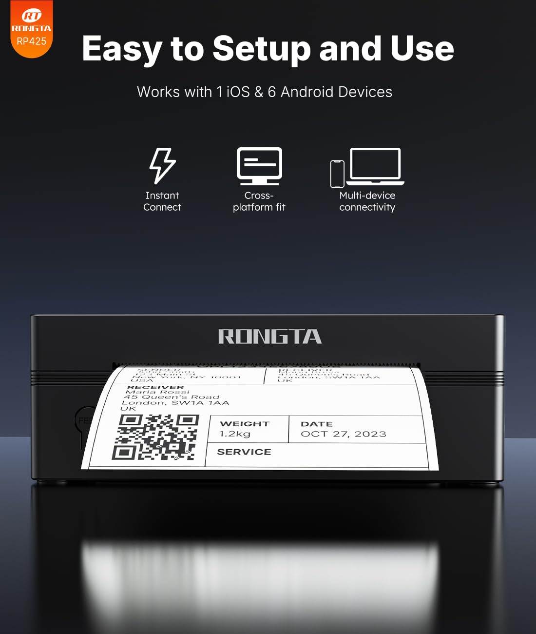 Rongta Bluetooth Shipping Label Printer, Wireless 4x6 Thermal Label Printer for Shipping Packages, Support Phones, Compatible with Windows macOS Android iOS for Small Business Black