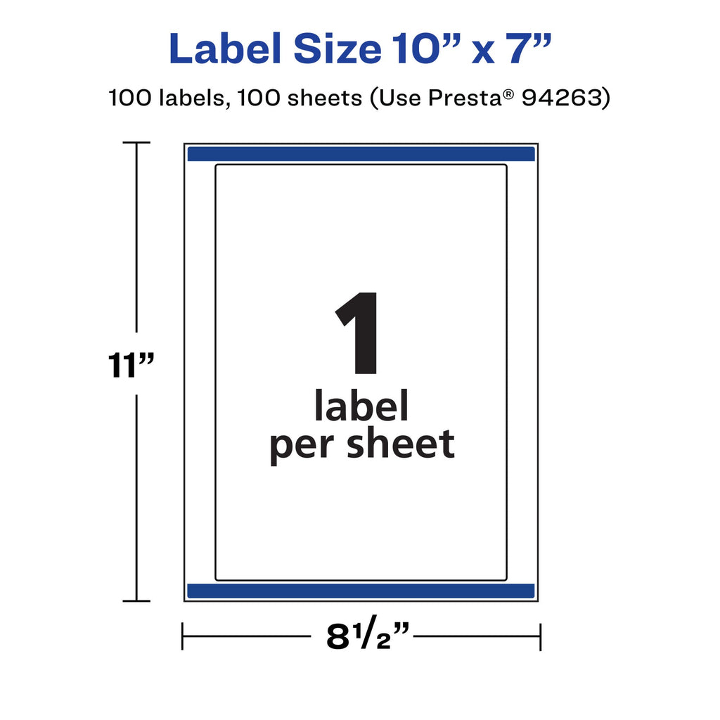 Avery® Matte White Removable Rectangle Labels, Sure Feed® Technology, 10" x 7", 100 Removable Labels, Laser/Inkjet Printable 100 labels