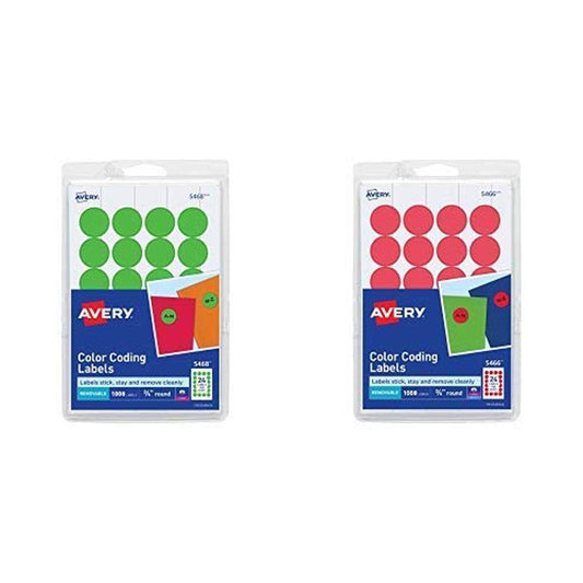 Avery Print/Write Self-Adhesive Removable Labels, 0.75 Inch Diameter, Green Neon, 1008 per Pack (5468) and Avery Print/Write Self-Adhesive Removable Labels, 0.75 Inch Diameter, Red, 1008 per Pack