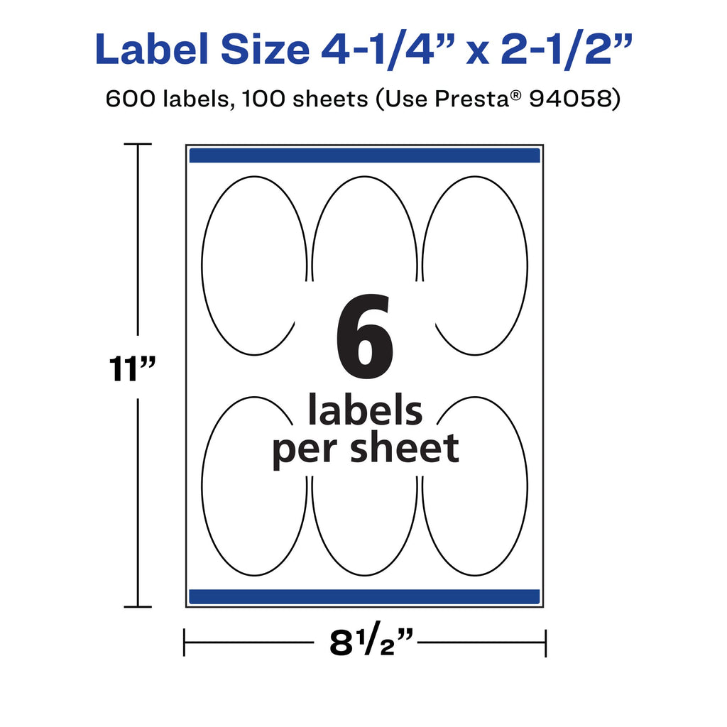 Avery Matte White Removable Oval Labels, Sure Feed Technology, 4.25" x 2.5", 600 Removable Labels, Laser/Inkjet Printable 600 labels