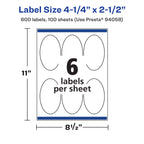 Avery Matte White Removable Oval Labels, Sure Feed Technology, 4.25" x 2.5", 600 Removable Labels, Laser/Inkjet Printable 600 labels