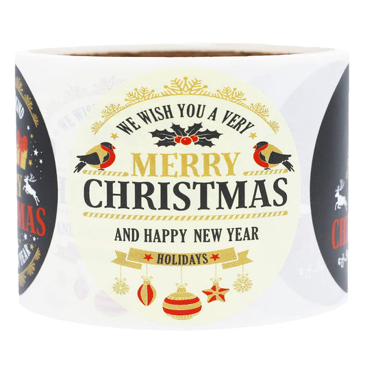 Merry Christmas and Happy New Year Stickers – 2.5 Inch Round Holiday Labels, Roll of 100 with 4 Festive Designs – Adhesive Circle Stickers, Made in The USA