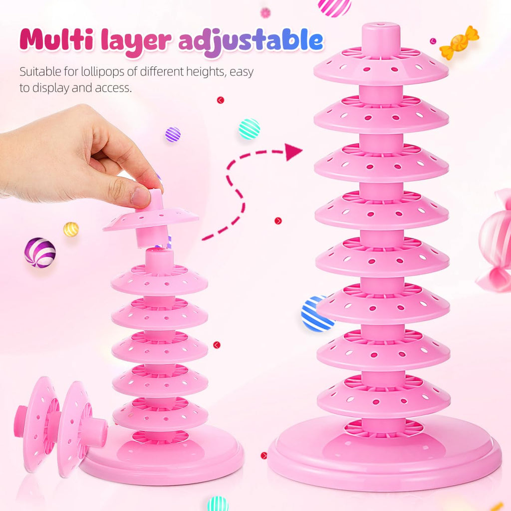 PRETYZOOM Pink Adjustable Multi-Tier Lollipop Stand Candy Display Rack for Parties Weddings Store Use 10.62X5.31X5.31 Inch Lollipop Holder for Kids and Events