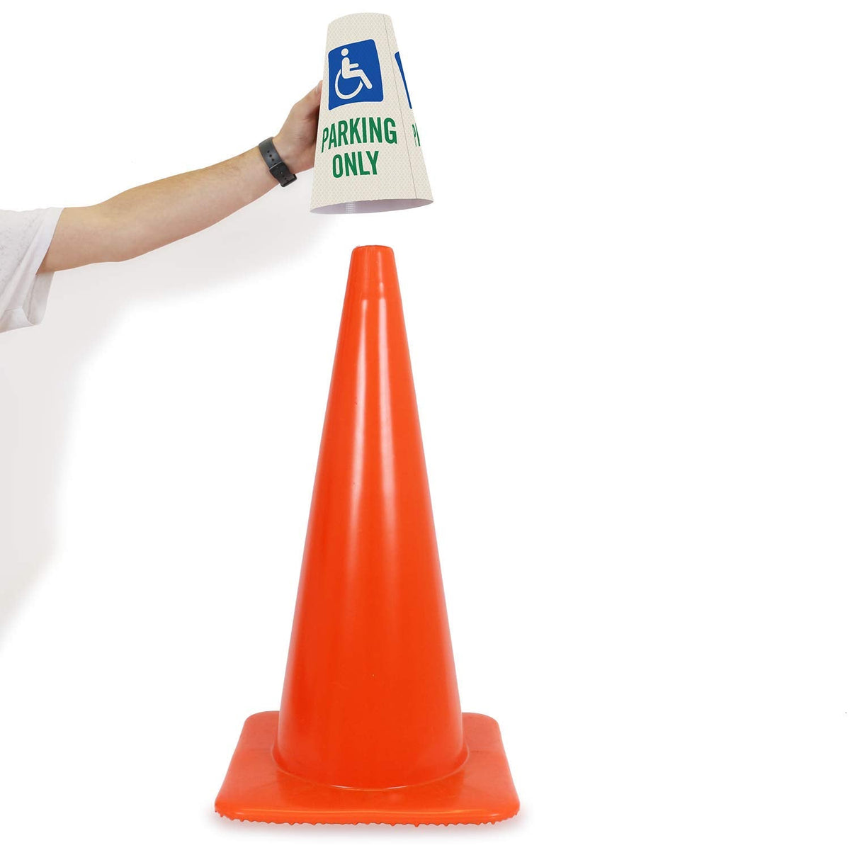 SmartSign 6-Pack "Handicapped Parking Only" Reflective Cone Message Sleeve Collar with Symbol, 360-Degree Visibility, Non-Adhesive Vinyl Signs for Traffic Safety Cones, 3-Side Print [Cone Not Included] Pack of 6 Handicapped Parking Only