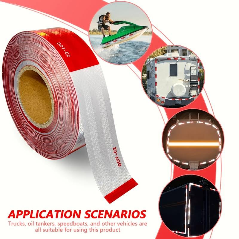 DOT-C2 Reflective Safety Tape 2 inches x 200 feet red/White Eye-catching Tape Suitable for Vehicles, Trailers, Boats, and Signage Safety Reflective Tape