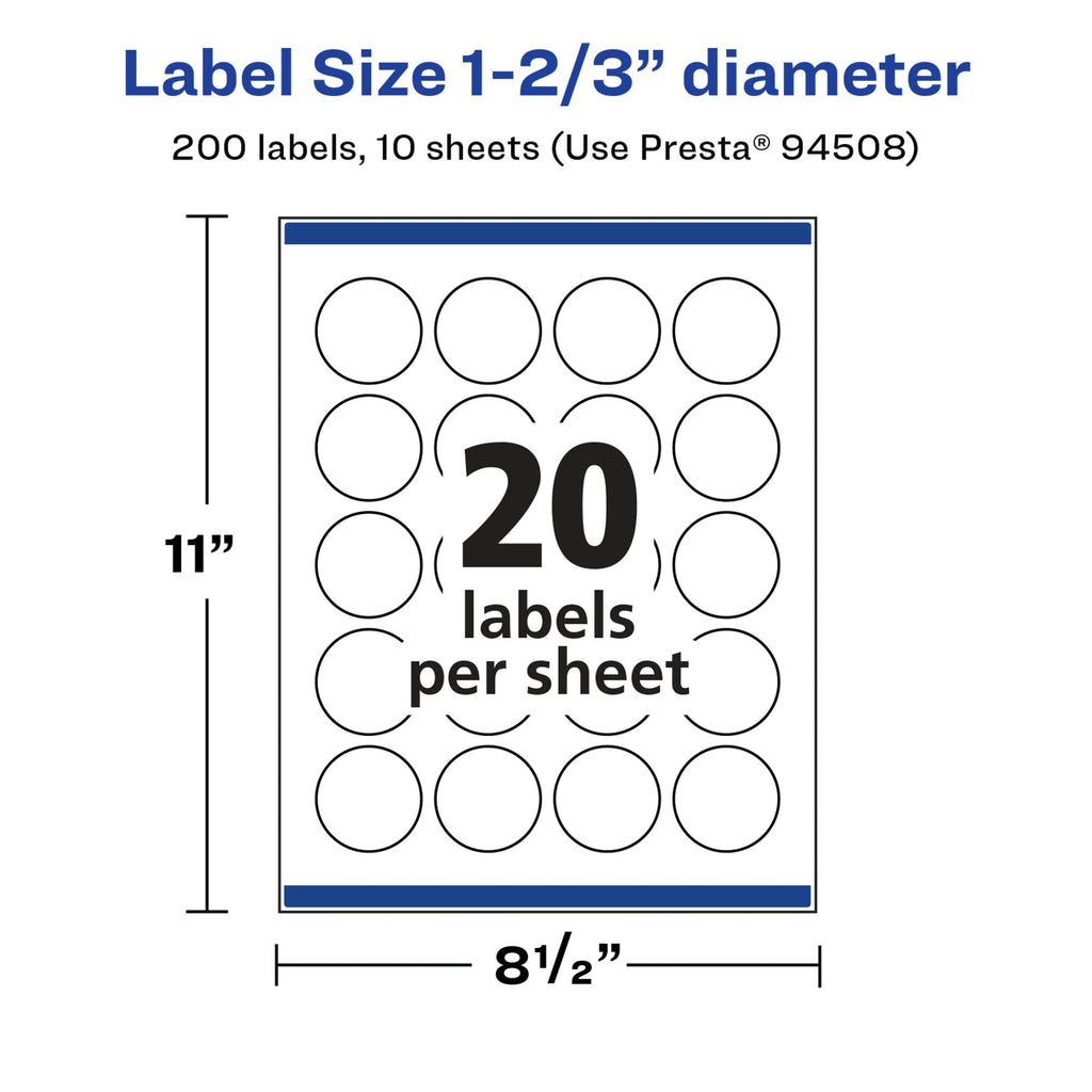 Avery® Glossy White Round Labels, Sure Feed® Technology, 1-2/3" Diameter, 200 Glossy White Labels, Print-to-The-Edge, Permanent Adhesive, Laser/Inkjet Printable 200 labels