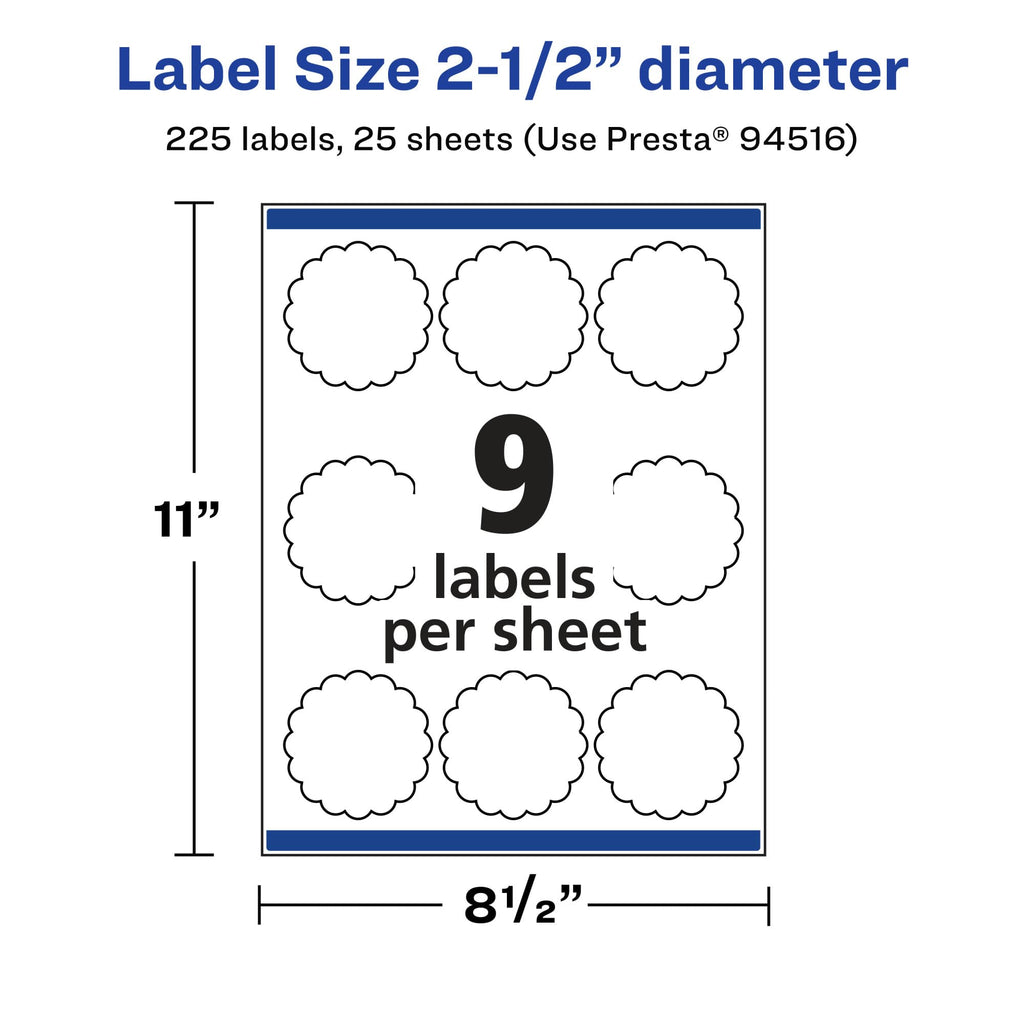 Avery® Glossy Clear Round Scalloped Labels, Sure Feed® Technology, 2.5" Diameter, 225 Glossy Clear Labels, Print-to-The-Edge, Laser/Inkjet Printable 225 labels