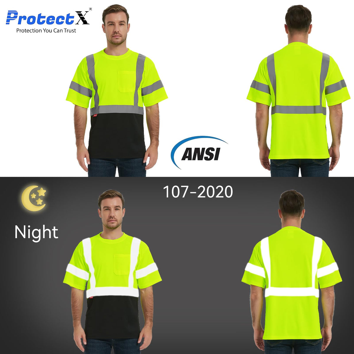 ProtectX High Visibility Shirts Short Sleeve Reflective Hi Vis Safety Shirts for Men Class 2 Construction Shirts 2 Pack Green Short 3X-Large