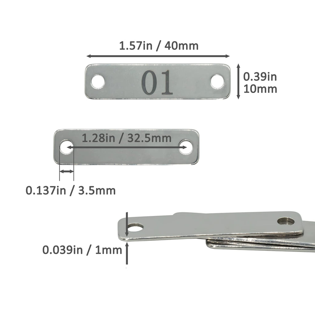 Small Stainless Steel Rectangle Numbered Tags with Two Holes 4cm*1cm (1-20) 1-20