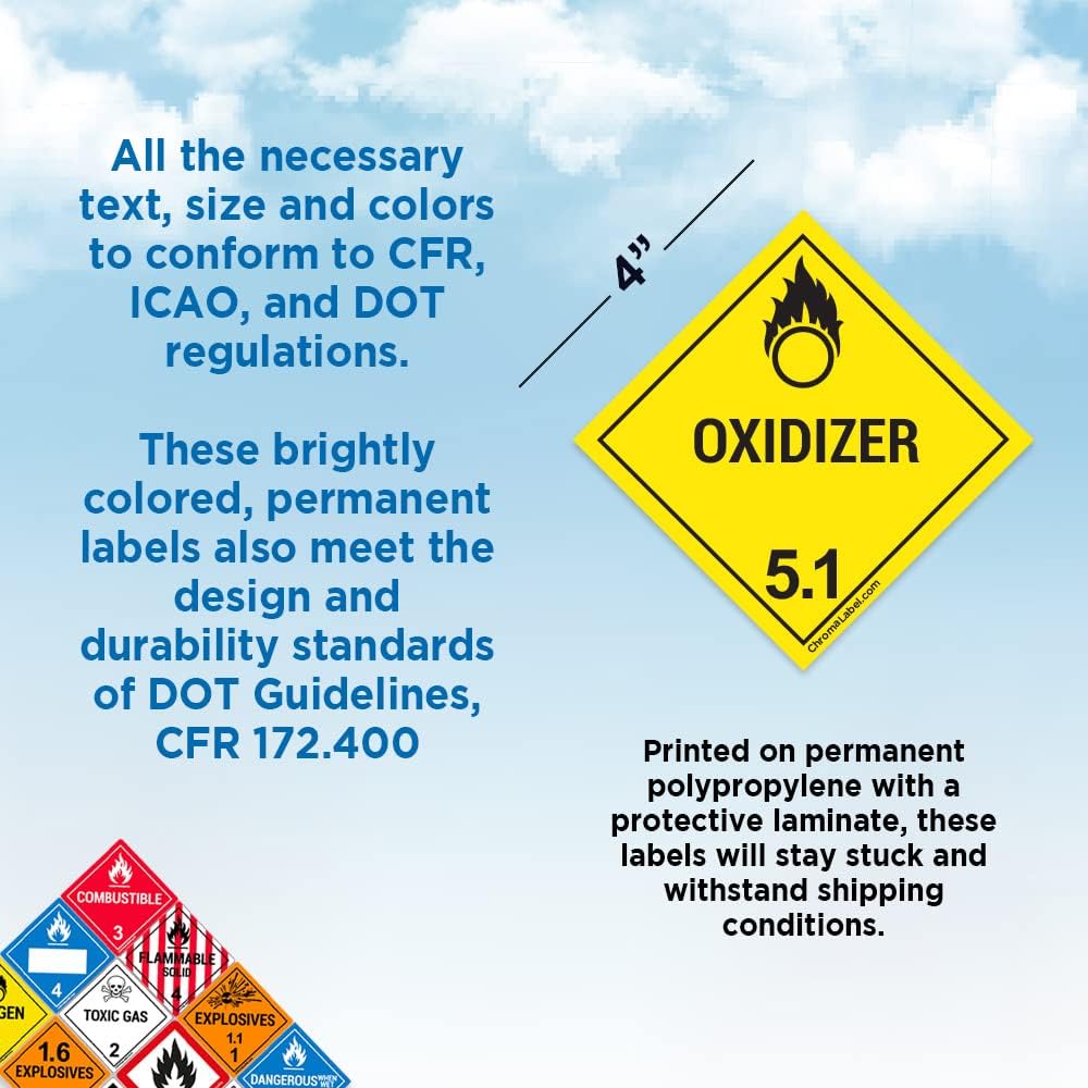 ChromaLabel 4x4 hazard label for hazard class 5.1 oxidizer, durable square D.O.T. industrial label, 100 per roll