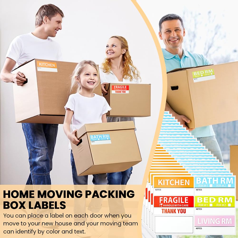 300 Count Home Moving Labels, 50 Sheets 6 Color Coded Moving Labels with Fragile Stickers, Waterproof Moving Stickers Color Coded Packing Labels for Moving Boxes, Moving Supplies 1.65x3.54inch