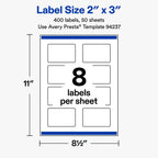 Avery® Matte White Rectangle Labels, 2" x 3", 400 Total 400 labels