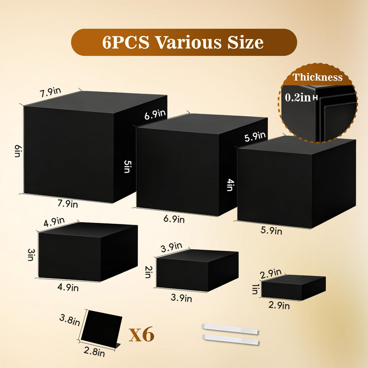 6PCS Buffet Risers,Food Display Stands with Mini Sign and Marker,for Buffet Table,Black Acrylic Cube Boxes Nesting Risers,Hollow Bottoms,for Cake Catering Dessert Party(8",7",6",5",4",3") Black with Sign