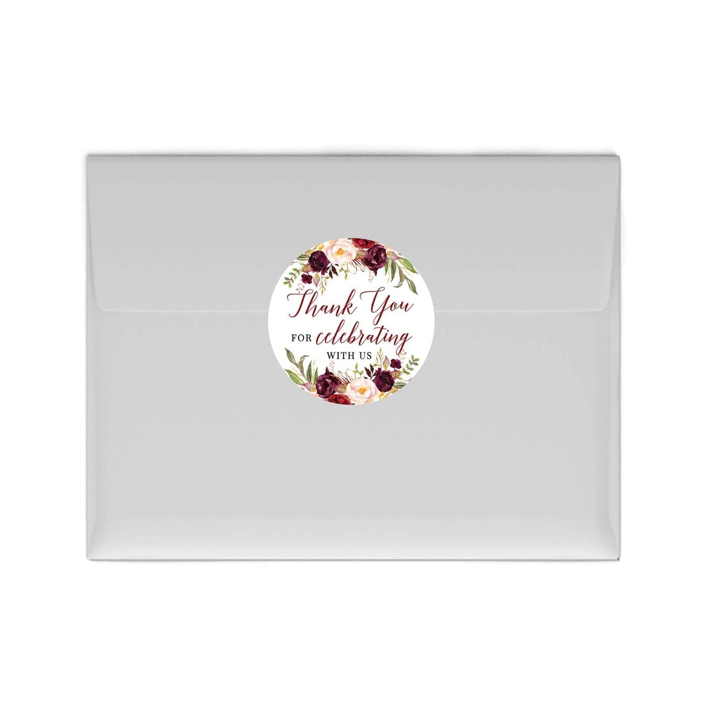 Andaz Press Fall Autumn Burgundy Maroon Floral Flowers Party, 2-Inch Round Circle Label Stickers, Thank You for Celebrating with Us Sticker, 40-Pack, Party Favors Decor Ideas Fall Wedding Stickers