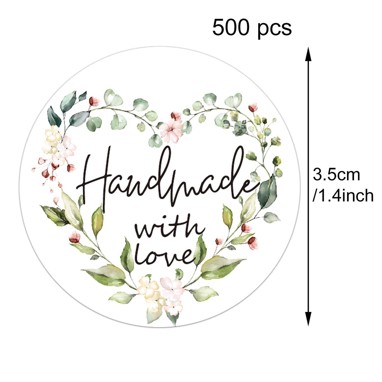 Greenery Handmade Labels, 1.4 In Round, 500 Adhesive Labels per Roll, Handmade Packaging