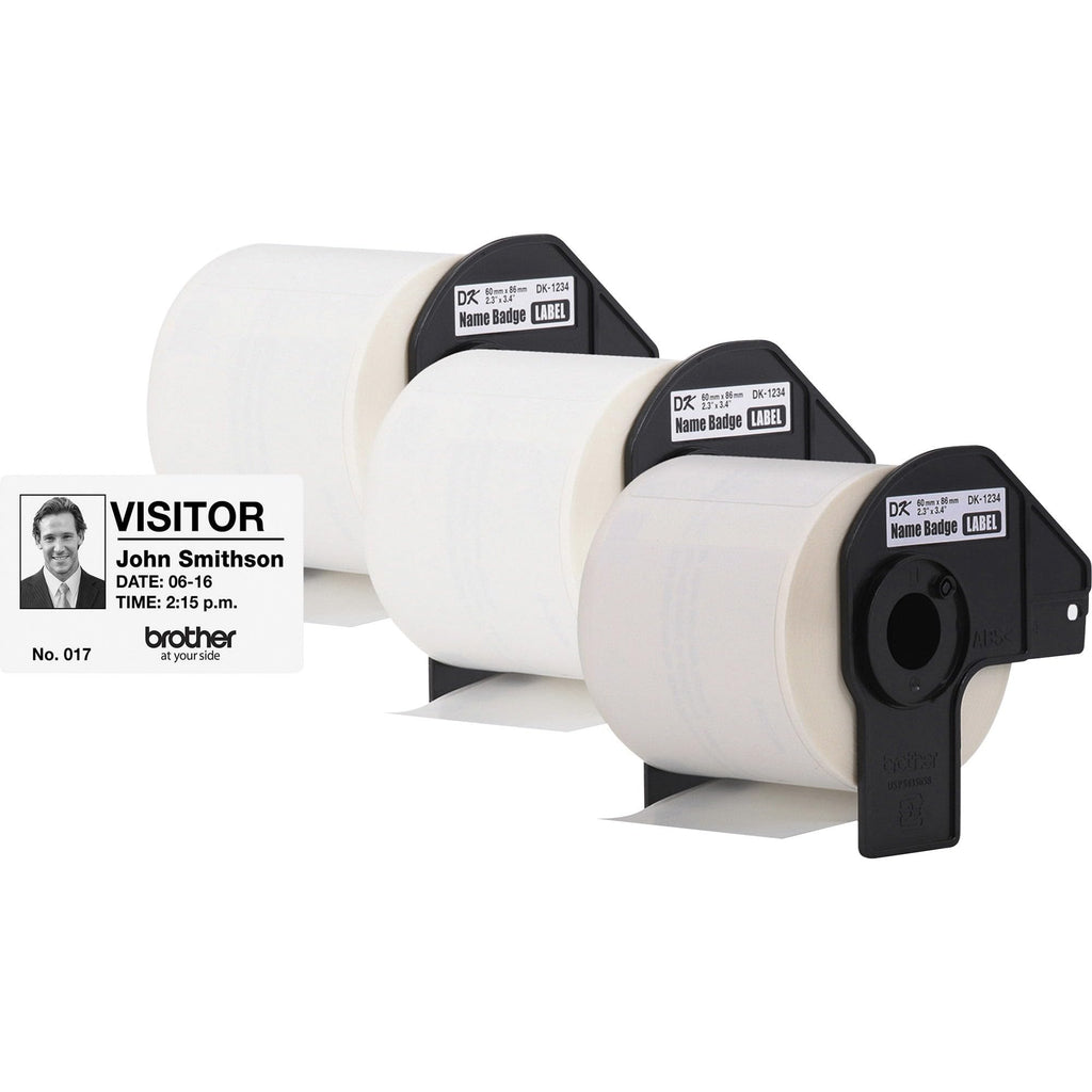 Brother Genuine DK-12343PK Die-Cut Name Badge Paper Labels, 2.3 in x 3.4 in (60 mm x 86 mm) Adhesive Name Badge White Paper Labels, 260 Labels per Roll, (3) Rolls per Box 3 Rolls